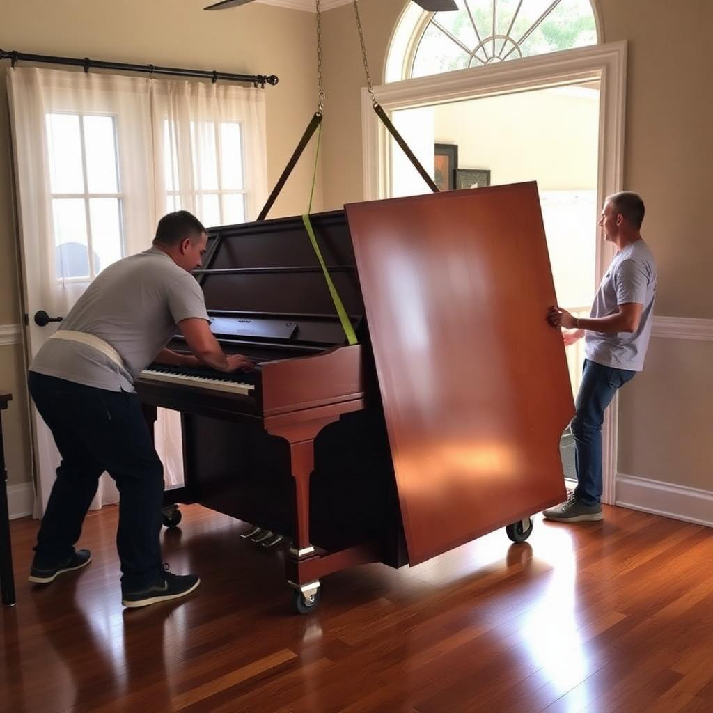Fresh Start crew carefully moving an upright piano with dollies and straps in a South Florida home